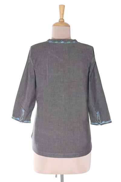 Cotton tunic, 'Jungle Fashionista' - Handwoven Grey Cotton Tunic with Embroidery from India
