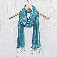 Silk scarf, 'Peacock Blue' - Artisan Crafted 100% Silk Teal Wrap Scarf from Thailand