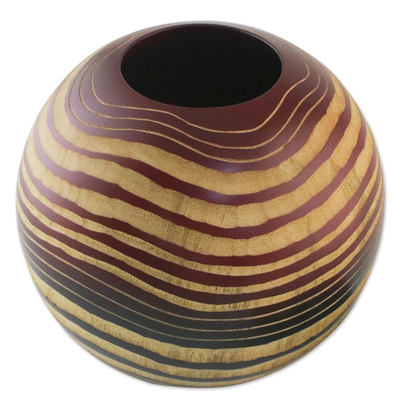 Wood decorative vase, 'Ripple Effect' - Hand Carved and Etched Mango Wood Decorative Spherical Vase