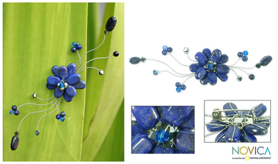Lapis lazuli brooch pin, 'Blue Bouquet' - Handmade Floral Lapis Lazuli Brooch Pin