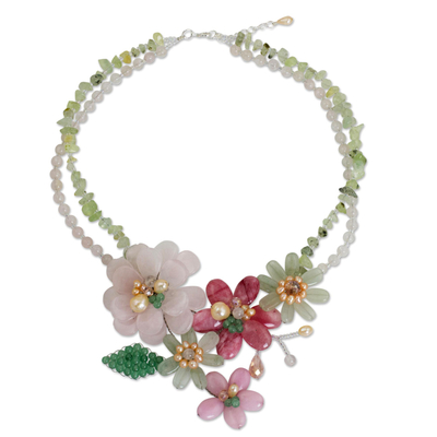 Cultured pearl and rose quartz beaded necklace, 'Eden' - Cultured pearl and rose quartz beaded necklace