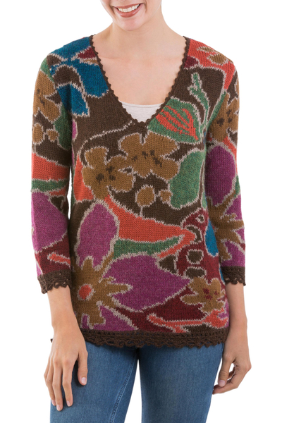 100% alpaca art knit sweater, 'Season of the Flowers' - Baby Alpaca Art Knit Sweater