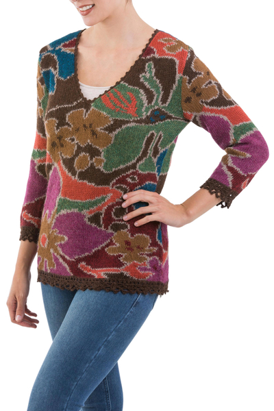 100% alpaca art knit sweater, 'Season of the Flowers' - Baby Alpaca Art Knit Sweater