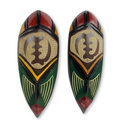 African wood masks, 'None But God' (pair) - Hand Carved and Painted Adinkra Symbol Masks (Pair)