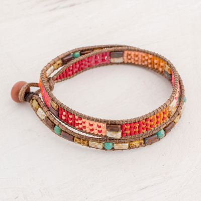 Glass beaded wrap bracelet, 'Xocomil Energy' - Handmade Aventurine and Glass Wrap Bracelet from Guatemala