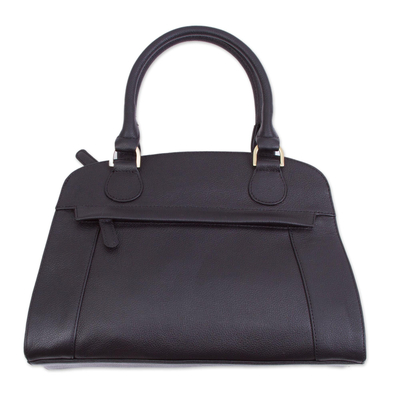 Leather handle handbag, 'Black Glamour' - Handcrafted Leather Handle Handbag in Black from Peru