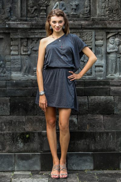 One-shoulder cotton dress, 'Graphite Grey Starlet' - Handmade One Shoulder Graphite Cotton Dress from Bali