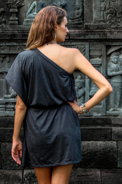 One-shoulder cotton dress, 'Graphite Grey Starlet' - Handmade One Shoulder Graphite Cotton Dress from Bali