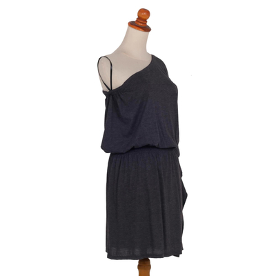 One-shoulder cotton dress, 'Graphite Grey Starlet' - Handmade One Shoulder Graphite Cotton Dress from Bali
