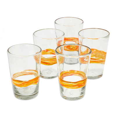 Blown glass tumblers, 'Ribbon of Sunshine' (set of 5) - Handblown Recycled Striped Clear and Yellow Glasses (5)