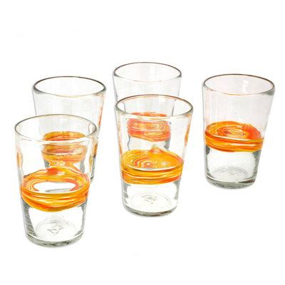 Blown glass tumblers, 'Ribbon of Sunshine' (set of 5) - Handblown Recycled Striped Clear and Yellow Glasses (5)