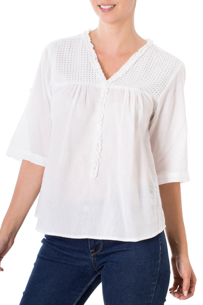 Cotton tunic, 'Flirty Summer' - Three-Quarter-Length Sleeve Cotton Tunic from El Salvador