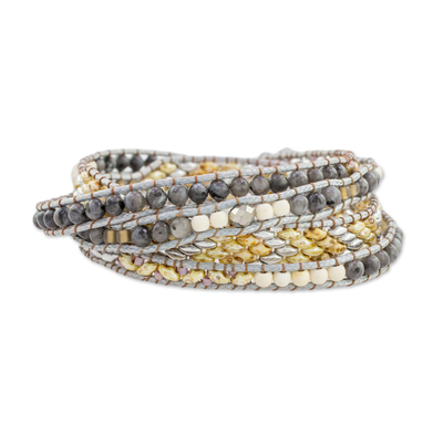 Glass beaded wrap bracelet, 'Atitlan Elegance' - Glass Beaded Wrap Bracelet in Grey from Guatemala