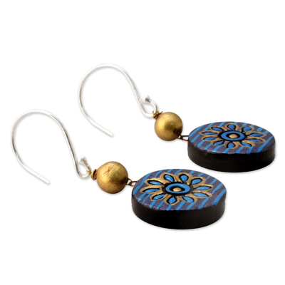 Ceramic dangle earrings, 'Mughal Morning' - Hand Crafted Ceramic Dangle Earrings in Blue and Gold