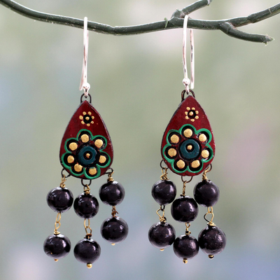 Ceramic chandelier earrings, 'Bollywood Dream' - Fair Trade Ceramic Earrings on Sterling Silver Hooks
