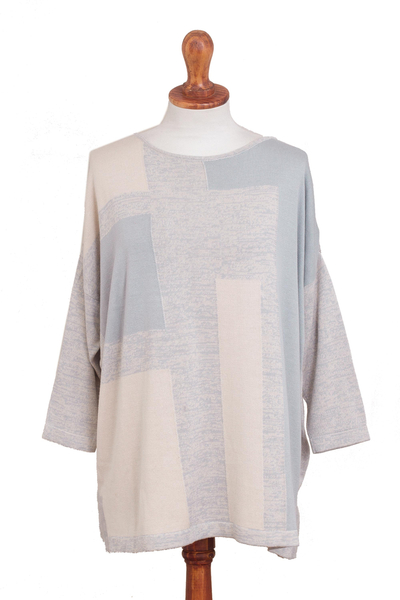 Pima cotton blend pullover, 'Sun Block' - Cream and Pale Blue Long Sleeve Pima Cotton Knit Pullover