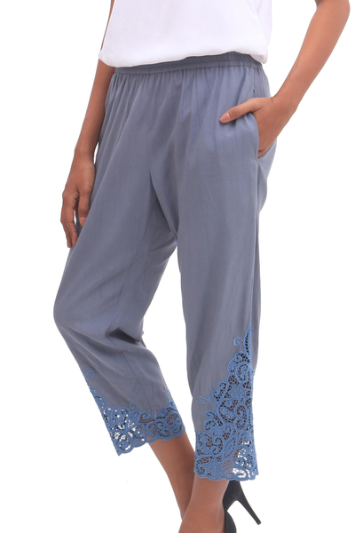 Rayon pants, 'Smoke Padma Flower' - Floral Embroidered Rayon Pants in Smoke from Bali