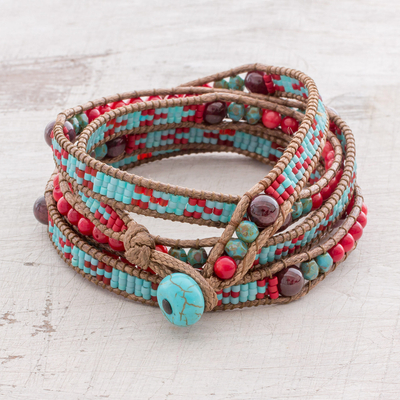 Garnet beaded wrap bracelet, 'Dreams of Color' - Garnet Beaded Wrap Bracelet in Red and Blue from Guatemala