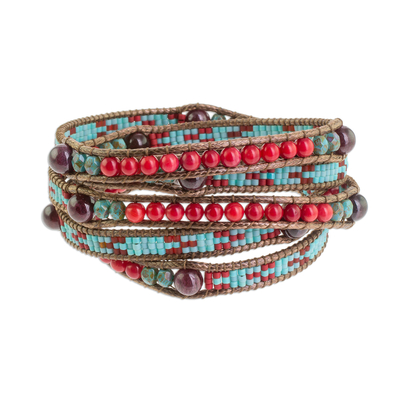 Garnet beaded wrap bracelet, 'Dreams of Color' - Garnet Beaded Wrap Bracelet in Red and Blue from Guatemala