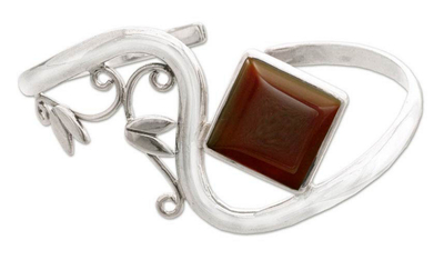 Carnelian cuff bracelet, 'Arabesque' - Sterling Silver Cuff Bracelet with Carnelian Floral Jewelry