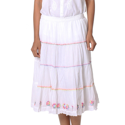 Falda de algodón - Falda bordada floral de algodón en Blancanieves de la India