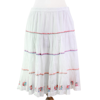 Cotton skirt, 'Colorful Blossoms' - Cotton Floral Embroidered Skirt in Snow White from India