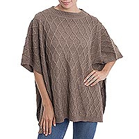 Alpaca blend poncho, 'Andean Romance in Taupe' - Peruvian Taupe Alpaca Blend Poncho with Rhombus Design