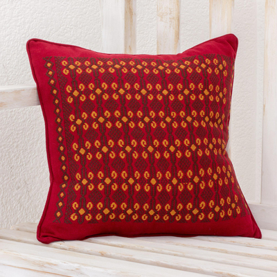 Cotton cushion cover, 'Sacred Shapes' - Red Cotton Cushion Cover with Geometric Motifs