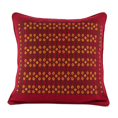 Cotton cushion cover, 'Sacred Shapes' - Red Cotton Cushion Cover with Geometric Motifs