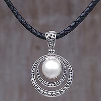 Cultured mabe pearl pendant necklace, 'Crescent Gleam in White'