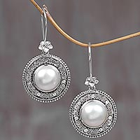 Cultured mabe pearl dangle earrings, 'Floral Orbs' - Cultured Mabe Pearl Floral Dangle Earrings from Indonesia