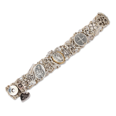 Gold accent Swarovski crystal wristband bracelet, 'Saint Benedict Rainbow' - Gold Accent Swarovski Crystal Religious Bracelet from Mexico