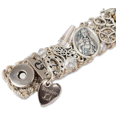 Gold accent Swarovski crystal wristband bracelet, 'Saint Benedict Rainbow' - Gold Accent Swarovski Crystal Religious Bracelet from Mexico