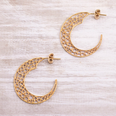 Gold plated sterling silver filigree half-hoop earrings, 'Glistening Moons' - 24k Gold Plated Sterling Silver Filigree Half-Hoop Earrings