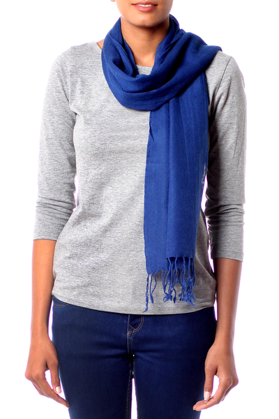 Wool scarf, 'Kashmiri Diamonds in Lapis' - Lapis Blue Diamond Patterned Woven Wool Scarf