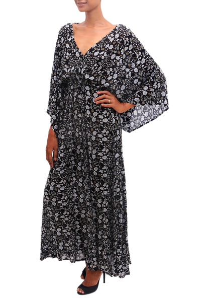 Floral Printed Rayon Maxi Dress from Bali - Venus Flowers | NOVICA