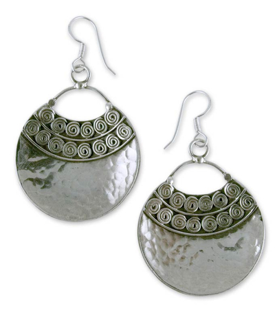 Sterling silver dangle earrings, 'Dancing Moons' - Artisan Crafted Jewelry Sterling Silver Earrings