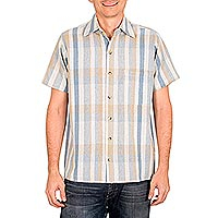 Men's natural cotton and recycled denim short sleeve shirt, 'Noble Lines' - Men's Loom Woven Striped Cotton Shirt with Short Sleeves