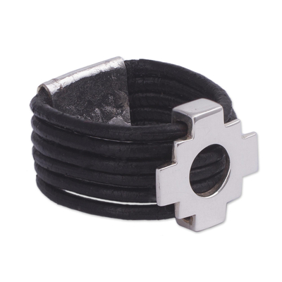 Men's leather band ring, 'Chakana Cross' - Men's leather band ring