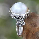 Pearl and Sterling Silver Floral Ring, 'Bridal Moon'