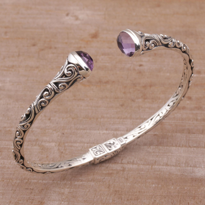 Amethyst cuff bracelet, 'Eden Vines' - Amethyst and Sterling Silver Cuff Bracelet from Bali