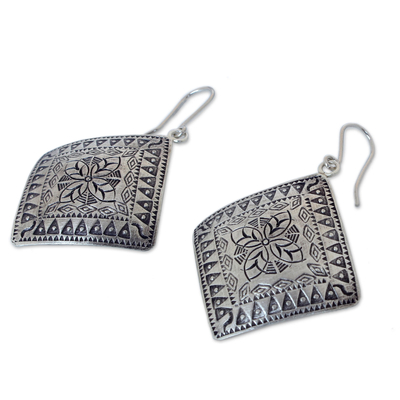 Sterling silver dangle earrings, 'Hill Tribe Flower' - Thai Sterling Silver Dangle Earrings
