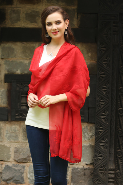 Cotton and silk shawl, 'Crimson Ferns' - Sheer Red Hand Embroidered Cotton and Silk Shawl