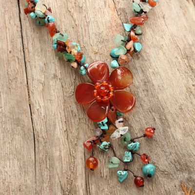 Agate and carnelian Y necklace, 'Summer Flower' (22 inch) - Agate and Carnelian Y Necklace (22 Inch)