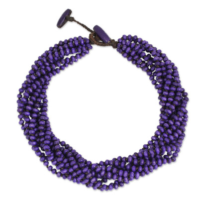 Wood torsade necklace, 'Nan Belle' - Purple Torsade Necklace Wood Beaded Jewelry