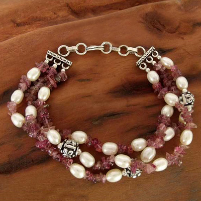 Cultured pearl and tourmaline torsade bracelet, 'Bihar Rose' - Tourmaline and Pearl Beaded Bracelet