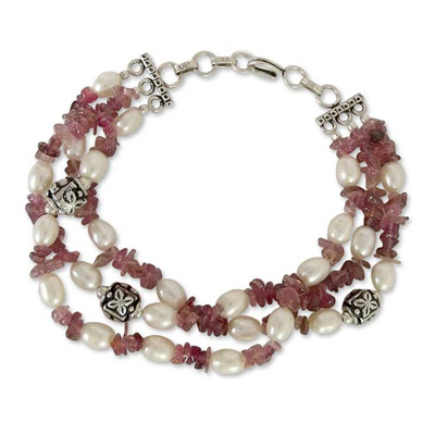 Cultured pearl and tourmaline torsade bracelet, 'Bihar Rose' - Tourmaline and Pearl Beaded Bracelet