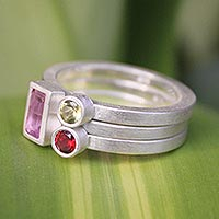 Amethyst and garnet stacking rings, 'Gemstone Geometry' (set of 3) - Unique Silver and Amethyst Stacking Rings (Set of 3)