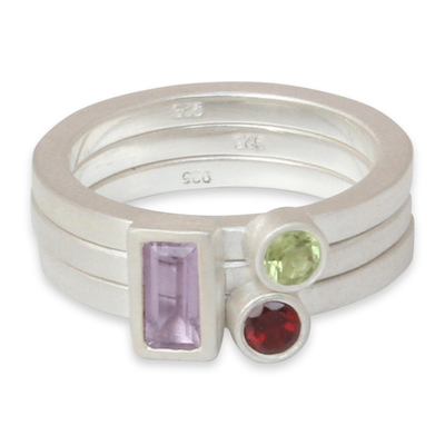 Amethyst and garnet stacking rings, 'Gemstone Geometry' (set of 3) - Unique Silver and Amethyst Stacking Rings (Set of 3)