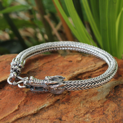 Sterling silver chain bracelet, 'Naga Symmetry' - Sterling Silver Dragon Motif Chain Bracelet
